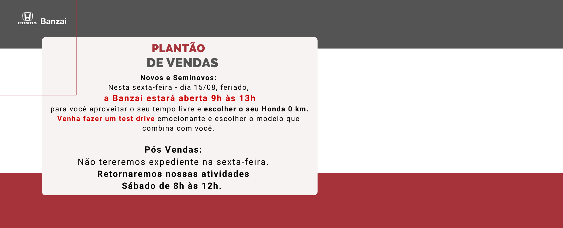 banner plantão de vendas banzai - feriado do dia 15